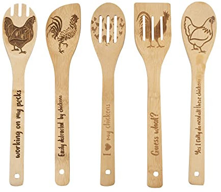 Juego de 5 cucharas de cocina de madera de gallo, regalo de cocina de gallo, regalos para amantes de pollo, decoración de cocina de gallo, cucharas de cocina de bambú, casas, bodas, mamás, cocina,