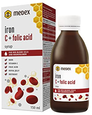 Medex Eisen C + Folsäure Sirup, 74% honigbasiert - 142 g Honig in der Flasche, ausgezeichneter Geschmack, Vitamin C, Folsäure, Gelée Royale, Propolis, Rote Bete Saft, 150 ml
