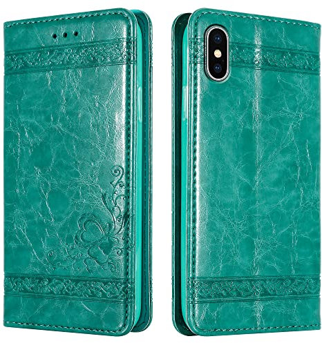 Cadorabo Hülle kompatibel mit Apple iPhone X/XS Handyhülle aus Premium Kunst Leder Flip Klappbare Stoßfeste Magnetische [Standfunktion] [Kartenfächern] Case Hülle für iPhone X/XS Tasche in Türkis