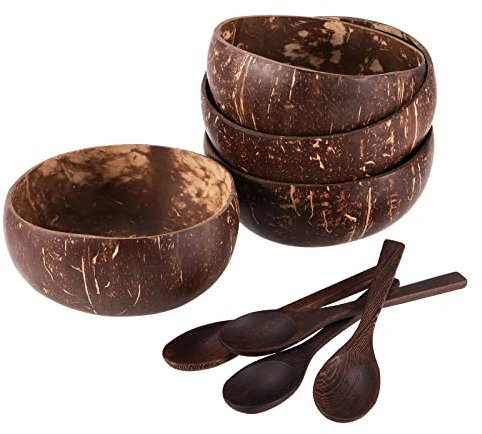 ZEONHEI Lot de 4 bols en noix de coco avec 4 cuillères en bois - Bol à smoothie naturel fait à la main - Pour la maison