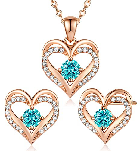 CDE Schmuckset Damen Muttertagsgeschenk 925 Sterling Silber Forever Love Herz Rosegold Geburtsstein Halskette und Ohrringe Set für Frauen Schmuck Geschenk Geburtstag Valentinstag Weihnachten
