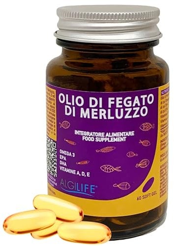 Olio di Fegato di Merluzzo, Integratore Omega 3 Capsule Softgel con DHA, EPA e Vitamine A D E. Fish Oil per Benessere di Cuore, Cervello e Ossa, Cod Liver Oil Omega3 (60 Capsule Scorta 1-2 Mesi)