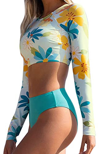 Badekleid Damen 2Pcs Bikini Set Langarm Blumendruck Crop Top mit Slips Sommer Strand Schwimmen Outfits Damen Sexy Split Sonnencreme Print Bikini Surf Bademode Bikini Damen High Waist Große Größen Xxl