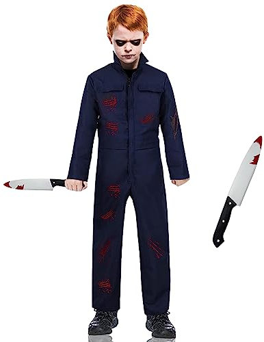 DUOLAM Costume Halloween Michael Myers Bambini: 2 pezzi costumi di Carnevale di Halloween film horror cosplay costume e coltello insanguinato tuta per bambini tuta da lavoro per feste a tema