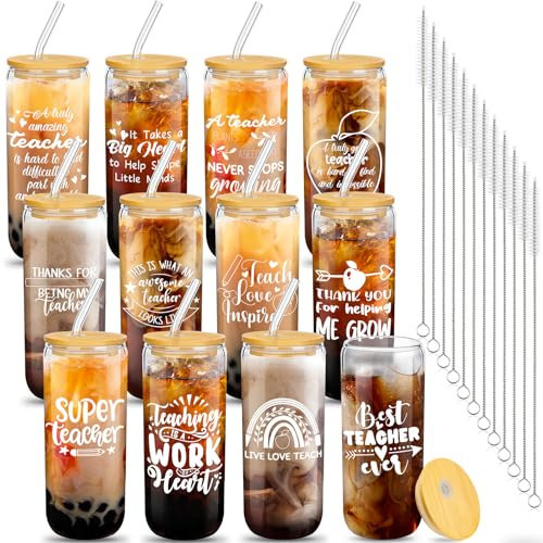Umigy Glasbecher für Lehrer, 473 ml, Dosenform, Bierglas mit Deckel, Strohhalme, Pinsel, Lehrer, Dankeschön, lustiges Geschenk für Weihnachten, Geburtstag, neue Lehrer (12 Sets, stilvoll)