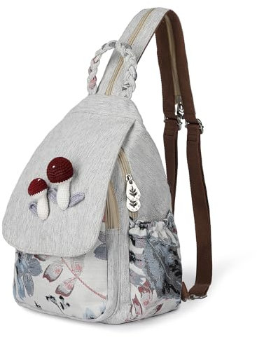 AULUDA Umwandelbare Umhängetasche für Mädchen, handgefertigte Handtasche, wunderschöner, hochwertiger, lässiger Tages-Mini-Rucksack aus Segeltuch für Frauen blumenstickerei (Mushroom)
