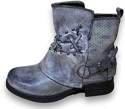 Damen Stiefeletten Biker Boots - Stiefel mit Nieten Blockabsatz - bequeme Herbst Winter Frauen Schuhe Schnallen ST07 Grau 37