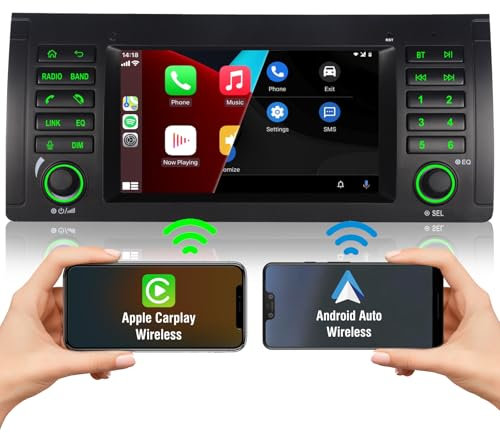 Autoradio Carplay Für BMW E39 E53 M5 X5 5er Radio Kompatibel Wireless Carplay Navi Android auto Wireless Autoradio Mit Bluetooth DSP EQ Subwoofer Lenkradsteuerung USB AM FM RDS Radio 7 Zoll Bildschirm