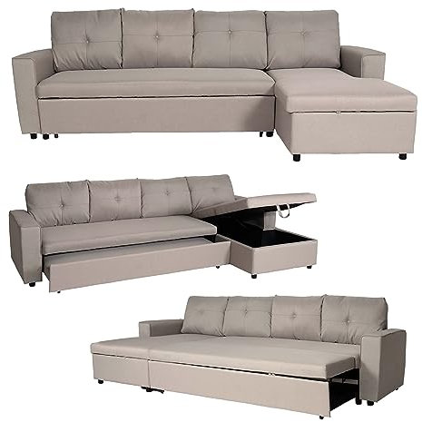 Mendler Ecksofa mit Bettkasten HWC-L16, Couch Sofa L-Form, Liegefläche Links/rechts Nosagfederung Stoff/Textil 290cm - beige