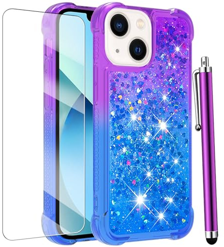 CAIYUNL for iPhone 13 Case, iPhone 14 Case, Cute Glitter, Blue Purple | Screen Protector, Girls Girly Women, Cute Bling Sparkle Liquid Floating, Soft TPU, Shockproof Protective Phone Cover