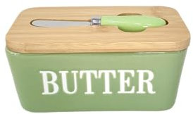 Large Butter Dish,Ceramic Butter Dish with lid and knife, Butter Keeper Double Silicone Seals, Perfect for 2 Sticks of Butter,green