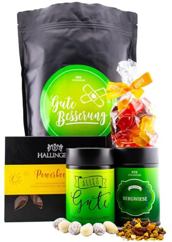 Hallingers Gute Besserung XXL - Gesundheit Wundertüte XXL Geschenkset Nougat Mandeln Tee Tafel Schokolade & Fruchtsaftbären (Bag) - Geschenk im Sommer & als perfektes Grillgeschenk | Geburtstag Glückw