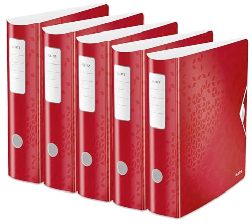 Leitz Qualitäts-Ordner 180° Active WOW, 5er Pack, A4, Breit, abgerundeter Rücken, 8,2 cm breit, Gummibandverschluss, wasser- und schmutzabweisendes Polyfoam, mit Innentaschen, WOW Serie, Rot, 11060026