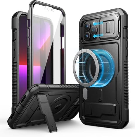 Dexnor Magnetic Bumper Case for iPhone 13 Pro Max, MagSafe Comapitble, Heavy-duty Shockproof Full-body Rugged Protective Cover with Kickstand & Camera Cover & Screen Protector - Black