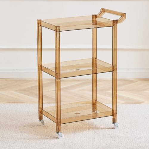 Acryl Utility Rolling Cart,3-Tier Acryl Bar Cart mit Ziehgriff & 4 Räder für Küche Wohnzimmer Esszimmer Wäscherei,Klar Multifunktions Kleine Räume Rolling Serving Cart(Size:29.13'' H,Color:Hellbraun)