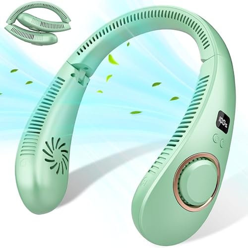Kouric Ventilador de Cuello Plegable,Ventilador Portatil Cuello Viento Arriba y Abajo,Ventilador Cuello Portátil 4 Velocidades,Neck Fan USB,Ventiladores de Cuello Pantalla Digital-Verde Claro