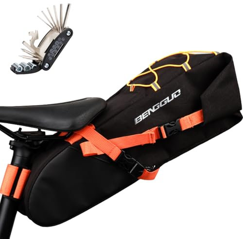 Wenbones Fahrrad Satteltasche Wasserdicht, Fahrradsitz Tasche 10L Einfache Montage, Satteltasche Fahrradtasche für Mountainbikes, Fahrräder, und Rennräder (TPU Orange Schwarz)