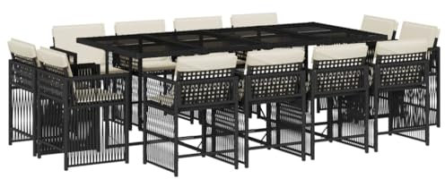 vidaXL Garten Essgruppe 13-TLG., Gartenmöbel Set Tisch mit 12 Stühle, Gartengarnitur mit Kissen, Sitzgruppe Essgarnitur Terrasse, Schwarz Poly Rattan