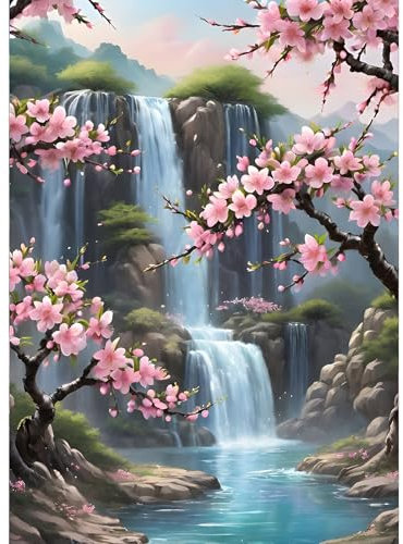 GDYEEH 5D Wasserfall Diamant Painting Pictures, DIY Pfirsichblüte Diamant Art Painting Kits, Blumen Diamond Painting Set for Adults Anfänger, Diamond Painting Art by Numbers for Home Decor 30x40cm