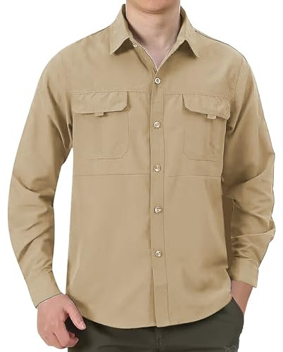 Safari Shirts for Men UK - Basic Long Sleeve Woven Shirt Button Down Big & Tall Two Pocket Snap Shirt Army Green Classic Overshirt Loose Fit Solid Color Men's Jacket Shirt Winter Thick Shirt