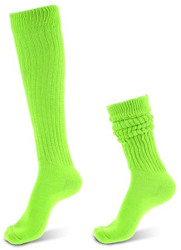 Neon Damen Slouch Socken 80er Jahre Retro Knit Kniestrümpfe Schoppersocken Neongrün Geraffte Socken 80er Jahre Outfit Karneval Party Zubehör