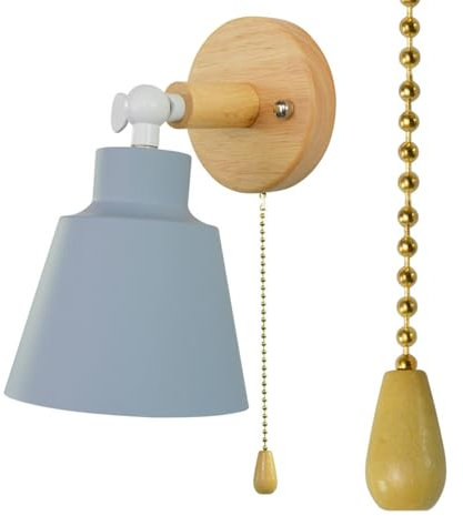 Interieur Applique Murale E27 avec Interrupteur Tirette Lampe Murale Minimaliste Base Bois Abat-Jour Aluminium Éclairage Mural 180° Regulable Industrielle Vintage Luminaire Mural pour Salon (Gris)