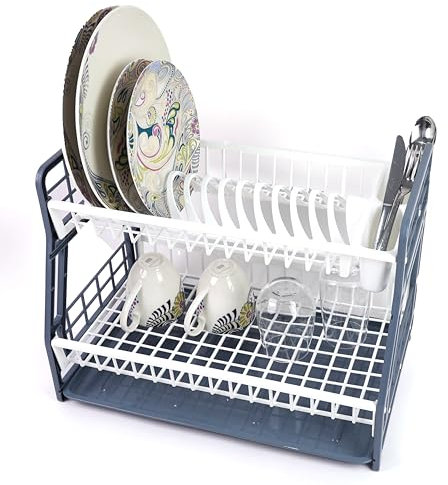 DIVCHI 2-Tier Dish Drying Rack Large Capacity Plastic Dish Drainer, Utensil Holder, Drain board - Kitchen Counter, Over Sink Organizer for Plates, Bowls, Cups (Dark Blue)