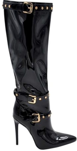 Stivali Donna Alti Lucidi Neri in Vernice al Ginocchio con Zip e Tacco a Spillo 12 cm Vinile con Cinturini e Fibbie