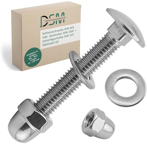 DSM - Viti a testa tonda M8 x 55 mm a norma DIN 603, dado M8 DIN 1587 e rondella DIN 125, in acciaio inox A2/V2A, filettatura completa, viti a testa tonda con attacco quadrato, 50 pezzi
