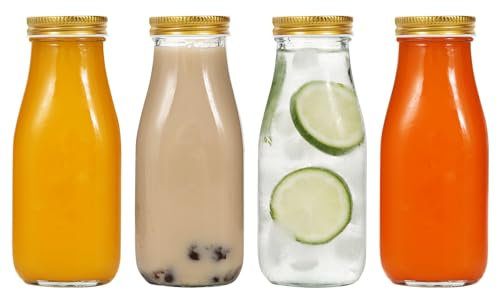 Glass Bottles with Lids, 4 Pack 300ml Reusable Juice Bottles with Airtight Metal Lids, Leakproof Drinking Bottle for Cola, Juice, Milk and Smoothie