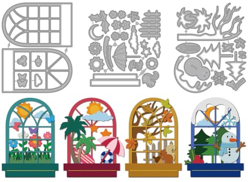 MAYJOYDIY Fenster Mit Vier Jahreszeiten Stanzformen Frühling Sommer Metall Stanzschablonen Herbst Winter Prägung Scrapbooking Vorlage Für DIY Scrapbooking Basteln Kartenherstellung Geschenk Dekor