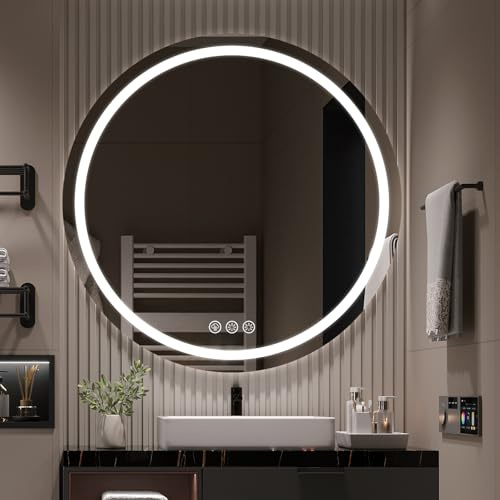 Ratsamee Runder Spiegel mit Beleuchtung, 70cm Badezimmerspiegel mit Beleuchtung, Wandspiegel mit Frontbeleuchtung, Antibeschlagfunktion, Dimmbar, mit 3 Einstellbaren Lichtfarben