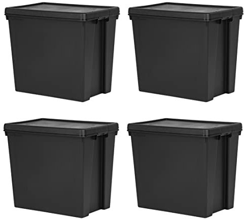 Set of 4 X Extra Large 92L Black Bam Super Strong Storage Containers with Airtight Lid – Heavy Duty Recycled Plastic Boxes, Stackable & Nestable Organizers for Home, Office, Garage, Shed, Workshop