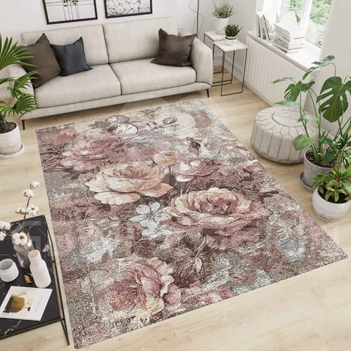 By Suardi Tappeto Rose Cipria – Lavabile in Lavatrice, Antiscivolo, Jacquard con Ciniglia – Pelo Corto 1200gr/mq – Design Floreale – Made in Italy (65x300cm)