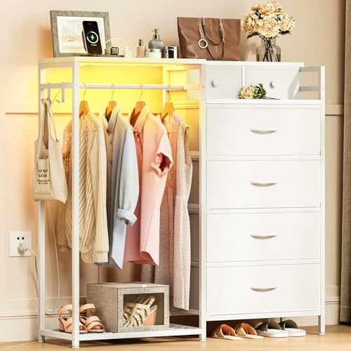 Coleshome Weiß Kommode, mit Kleiderstange, mit LED und Steckdose | Kommode mit Schubladen, Stoffkommode für Schlafzimmer und Wohnzimmer, 110 x 30 x 106 cm