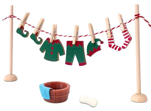 Kazunark Wichtel Zubehör Weihnachten, Miniatur Wäscheständer Set mit Holz Kleidung und Klammern, Weihnachtselfen Kostüm für Puppenhaus und Wichteltür Deko (22)