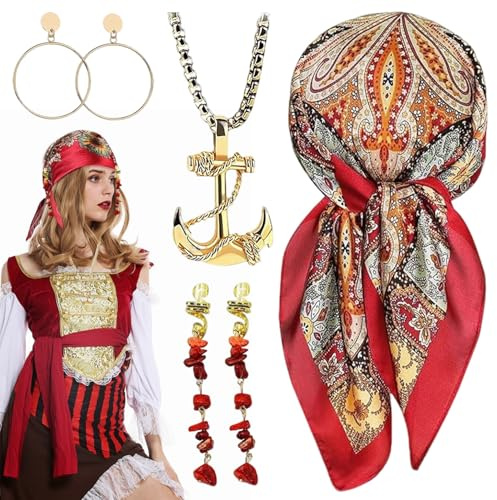 Piratenkostüm Damen, 4 Stück Damen Piraten Verkleidung Accessories, Mittelalter Piratenkostüm Zubehör Set, Piraten Kostüm Frauen für Karneval, P-iraten Kopftuch D-amen, für Cosplay Party und Karneval