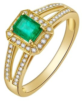 Wycian Engagement Ring Emerald Gold Ringe Frauen 18 Karat Rechteck mit 4 Zinken und 0,45 CT Smaragd und Diamant Größe 65 (20.7) Massiv, Nicht Plattiert Beliebt für Schwester Hochzeit Schmuck