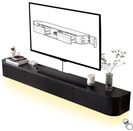 Btsunotr Floating TV Unit，with LED lights, wall-mounted TV console with side cabinets and 2 drawers, entertainment media center,floating tv cabinet (BLACK+LED, 180 * 20 * 30CM)