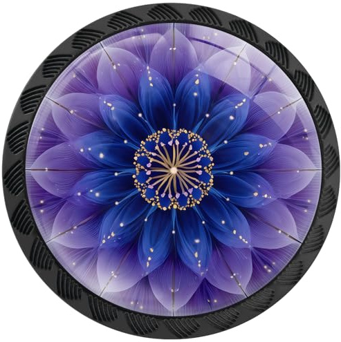 Artinhand 4 Pack Purple Mandala Flower Cabinet Knobs for Kitchen Bathroom | Boho Drawer Pulls Round Black Dresser Handles Hardware for Desk Cupboard Wardrobe Closet Vanity Door Decor