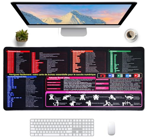 900x400 mm Tapis de Souris Raccourcis Excel, Tapis Souris avec Raccourcis Clavier en Français, Antidérapant pour Bureau, Étude，Tapis de Souris à Bords Cousus, Impermeabile più Spesso