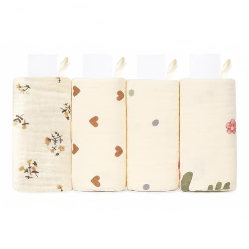GWEOR 4 Paños Muselina Bebé, 100% Algodón Suaves Paños de Saliva, Transpirables & Absorbentes, Toallas para Recién Nacido, para Comer, Limpiar y Lavar, 22×23 cm, Estampado Flores