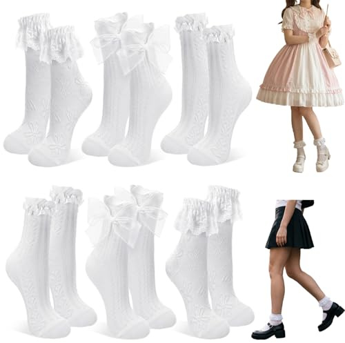 KIMHOME Juego de 6 pares de calcetines Lolita blancos, 2 pares de cada uno de los estilos de lazo, encaje y volantes, mezcla de algodón transpirable para mujeres y niñas, ideal para cosplay, fiestas y