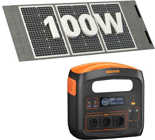 NECESPOW Tragbare Powerstation 1800W /1024Wh Mit 100W Faltbare Solarpanel | Solargenerator 1800W LiFePO4 Akku, PD 100W, USB-C/AC/DC, Solarladung, für Camping, Notstrom, Outdoor