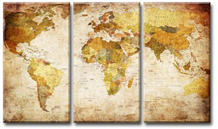 Visario Leinwandbild Weltkarte Vintage 120x80 cm 4401 - Antike Weltkarte Bild auf Leinwand Wandbild Kontinente Beige Braun - Fertig aufgespannt auf Holzrahmen - Wanddekoration Wohnzimmer Schlafzimmer