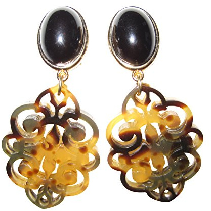 Auffällig: Sehr große leichte Ohr-Clips vergoldet Stein schwarz Anhänger oval braun Horn-Optik Geschenk Fest Party elegant Dirndl Fashion Designer JUSTWIN