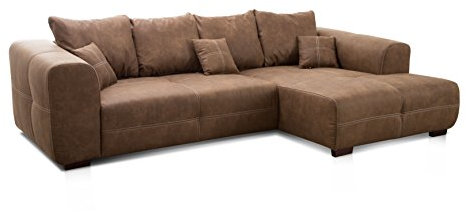 Cavadore Ecksofa Mavericco / XXL Eckcouch Inkl. Rückenkissen und Zierkissen / Longchair rechts / Industrial Style / 285 x 69 x 170 (BxHxT) / Mikrofaser Braun