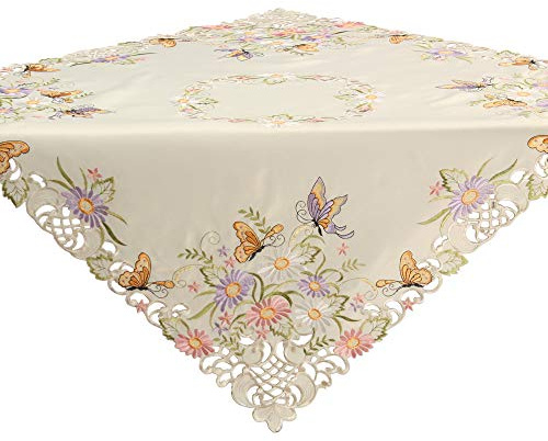 Quinnyshop Bunte Blumen Schmetterling Stickerei Mitteldecke 85 x 85 cm Polyester, Ecru / Creme