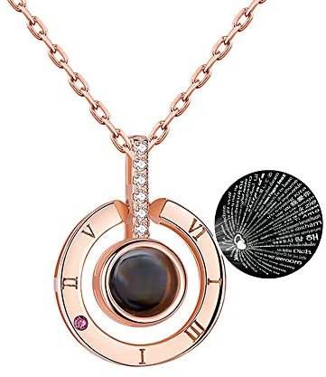 Necklace That Says I Love You in 100 Languages Projection Pendant Necklace That Says I Love U Different Ways for Women Teens Girls Girlfriend Mom Daughter with Meaning in Gift Box (Rose Gold-Round)