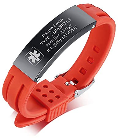 PJ JEWELLERY Personalisiert Silikon Sport Armband Edelstahl ID Platte medizinische Alarm Armbänder SOS Notfall Sport im Freien tägliches Armband für Herren Damen Teenager einstellbar